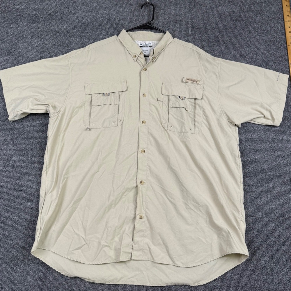 Columbia PFG Mens XL Tan Khaki Short Sleeve Vented Fishing Shirt Button Down‎